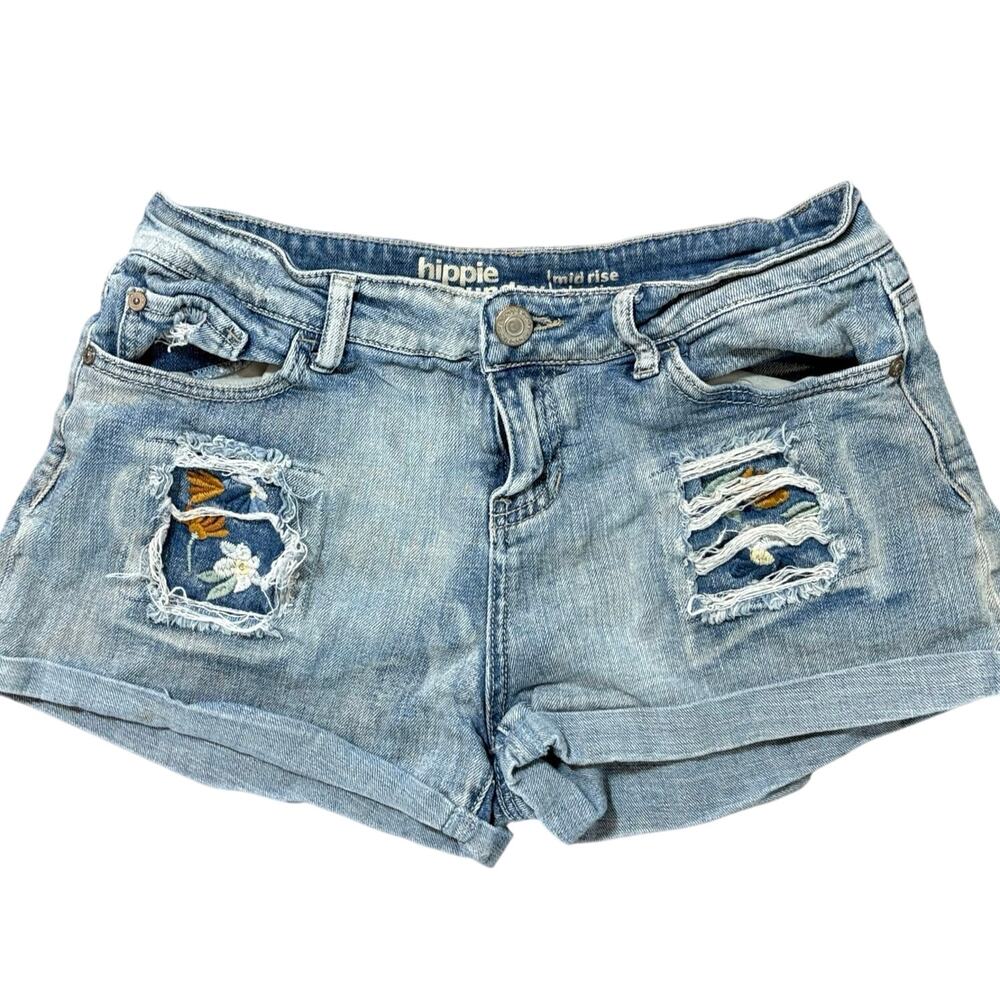 Hippie Laundry Mid Rise Embroidered Denim Shorts Size 30 Boho Festival